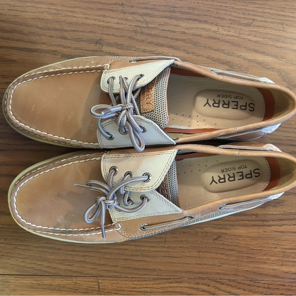 Sperry Tan and Gray Boat Shoes with Nautical Design